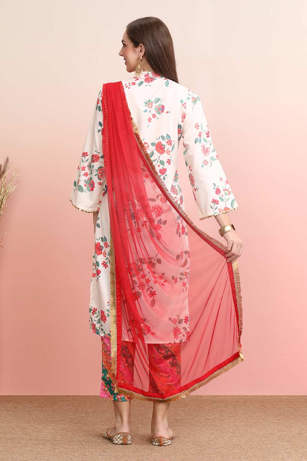 Off White Poly Crepe Printed Kurta Set