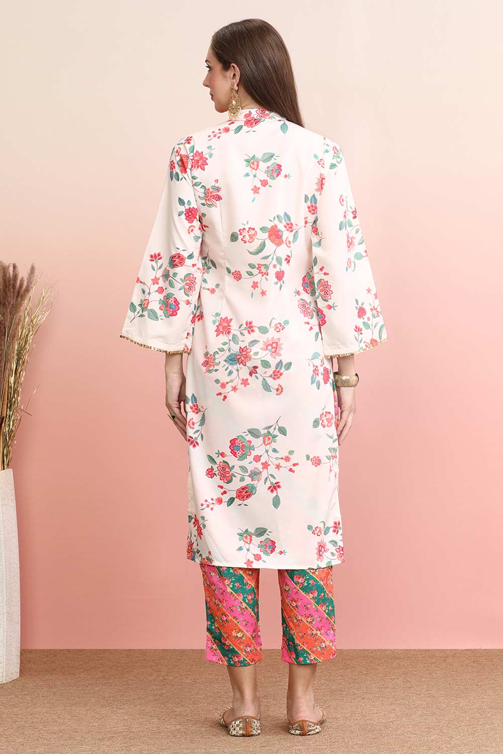 Off White Poly Crepe Printed Kurta Set