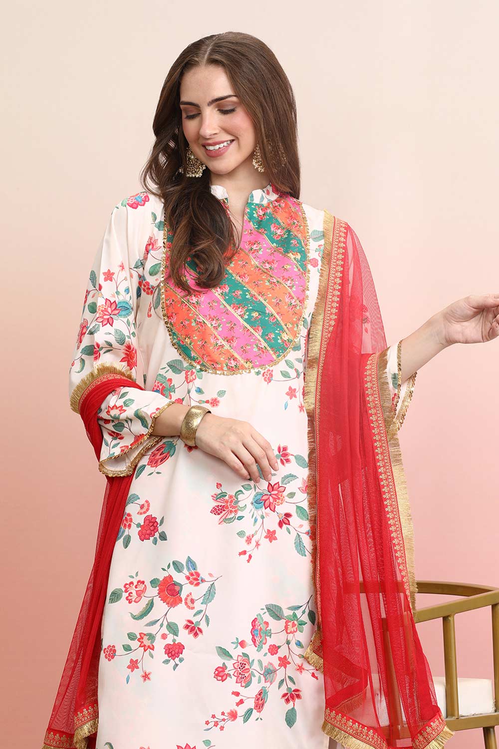 Off White Poly Crepe Printed Kurti Set