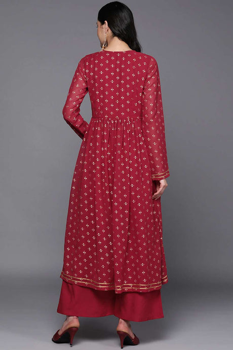 Maroon Poly Georgette Printed Kurta Palazzo Set