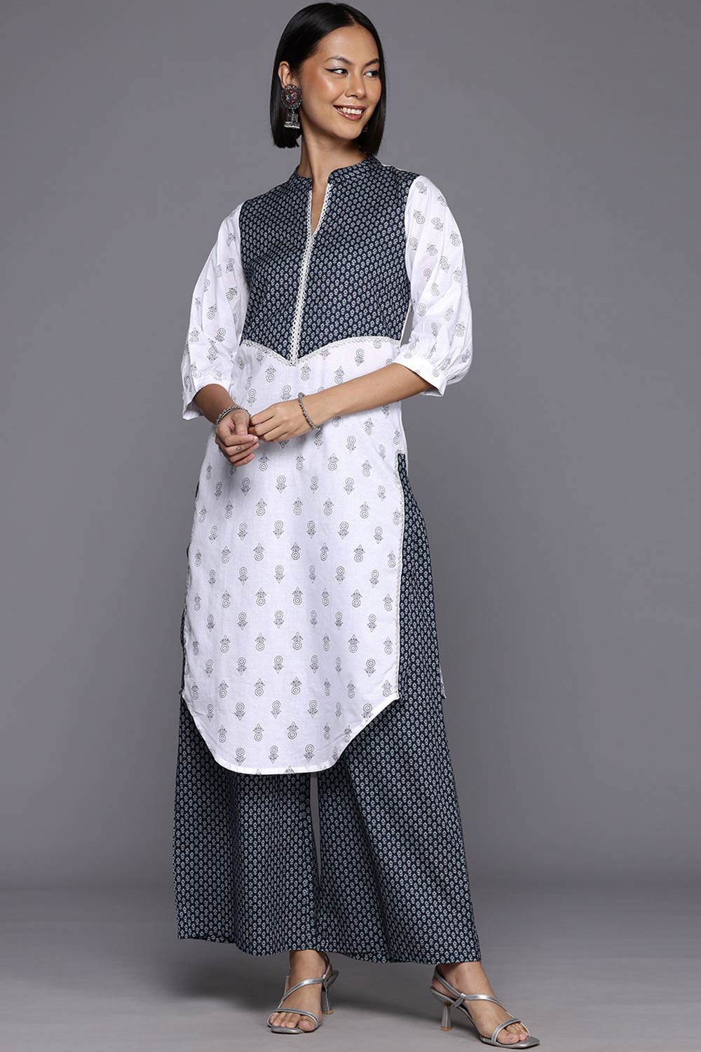 White Pure Cotton Printed Straight Mandarin Collar Kurta Set