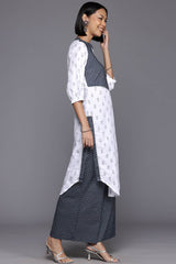 White Pure Cotton Printed Straight Mandarin Collar KurtI Set