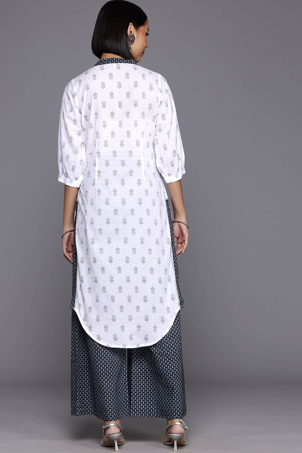 White Pure Cotton Printed Straight Mandarin Collar Kurta Set