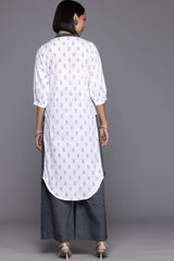 White Pure Cotton Printed Straight Mandarin Collar KurtI Set