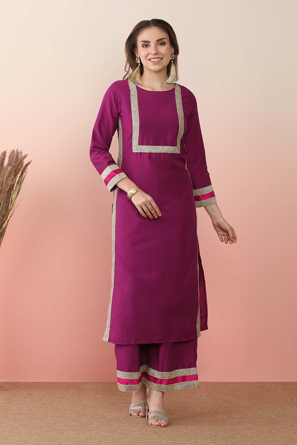 Purple Silk Blend Solid Kurta Set