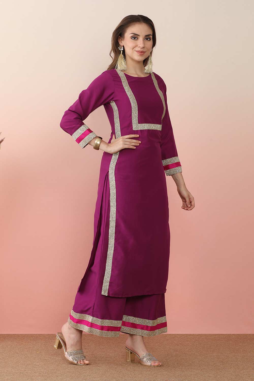 Purple Silk Blend Solid Kurti Set