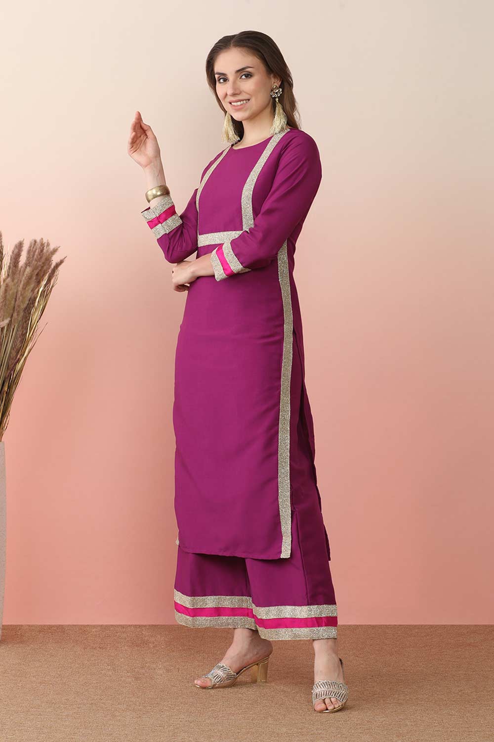 Purple Silk Blend Solid Kurta Set