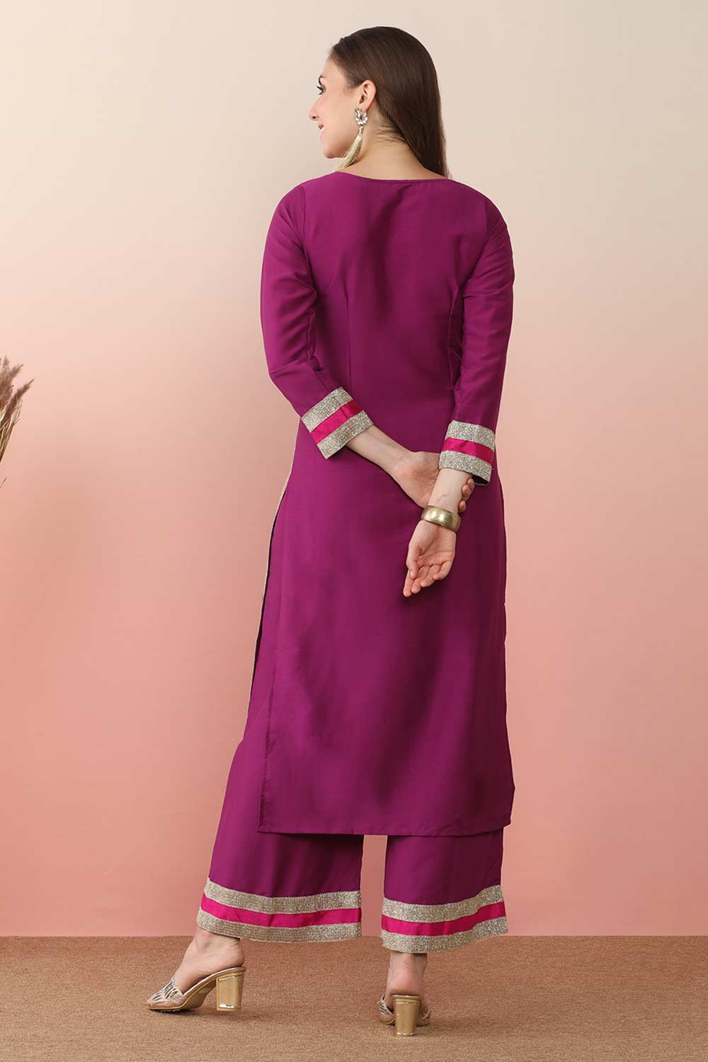 Purple Silk Blend Solid Kurti Set