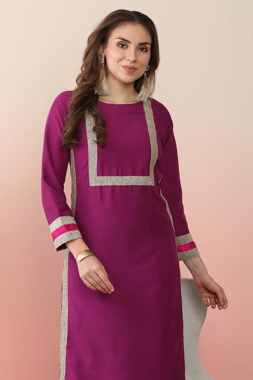 Purple Silk Blend Solid Kurta Set