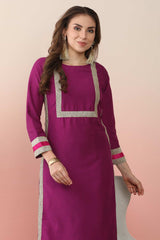 Purple Silk Blend Solid Kurti Set