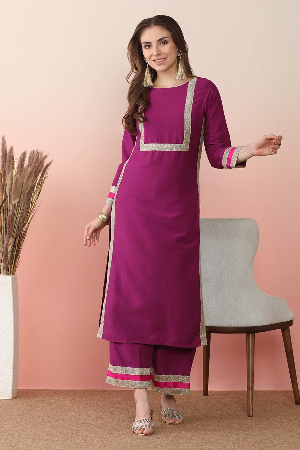 Purple Silk Blend Solid Kurta Set