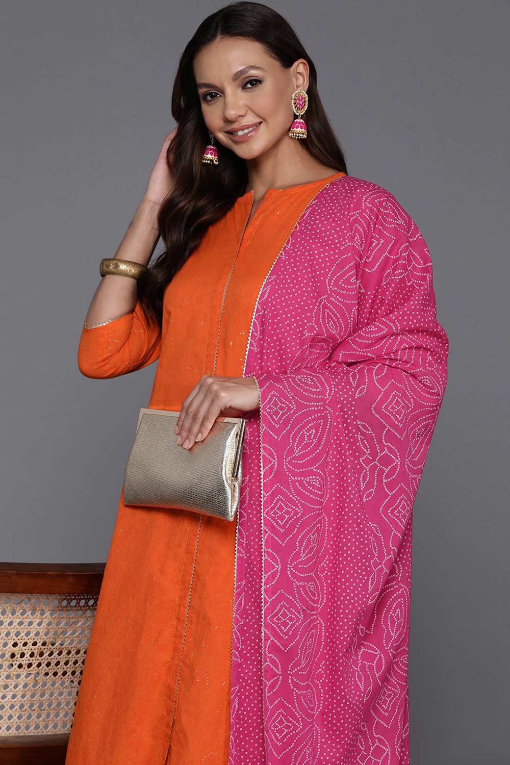 Orange Pure Cotton Printed Kurti Set