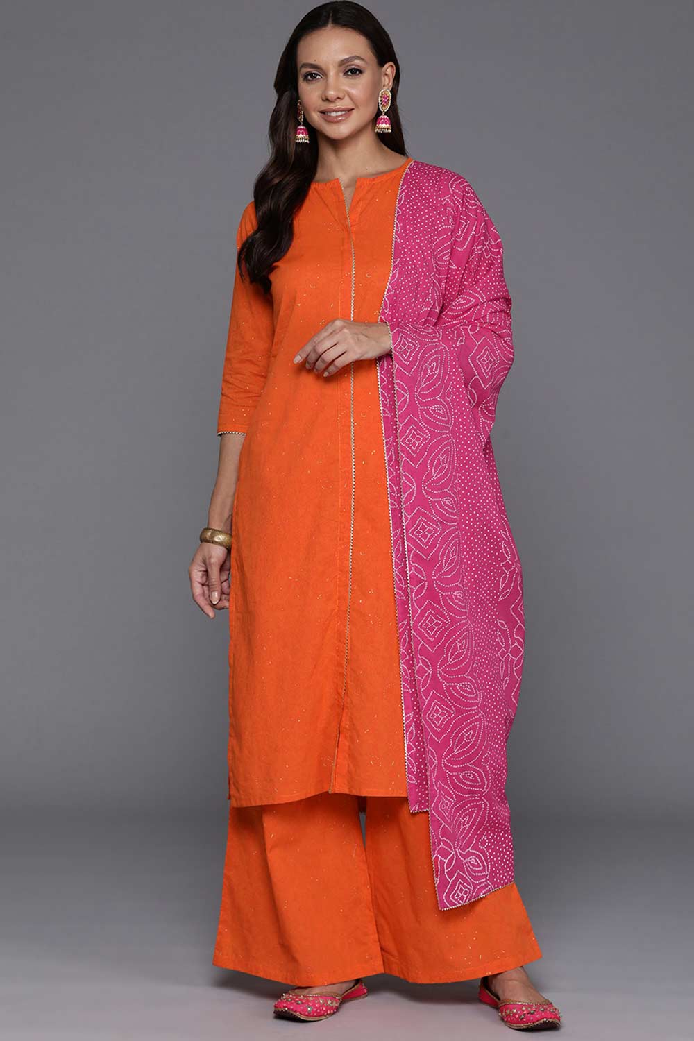 Orange Pure Cotton Printed Kurta Set