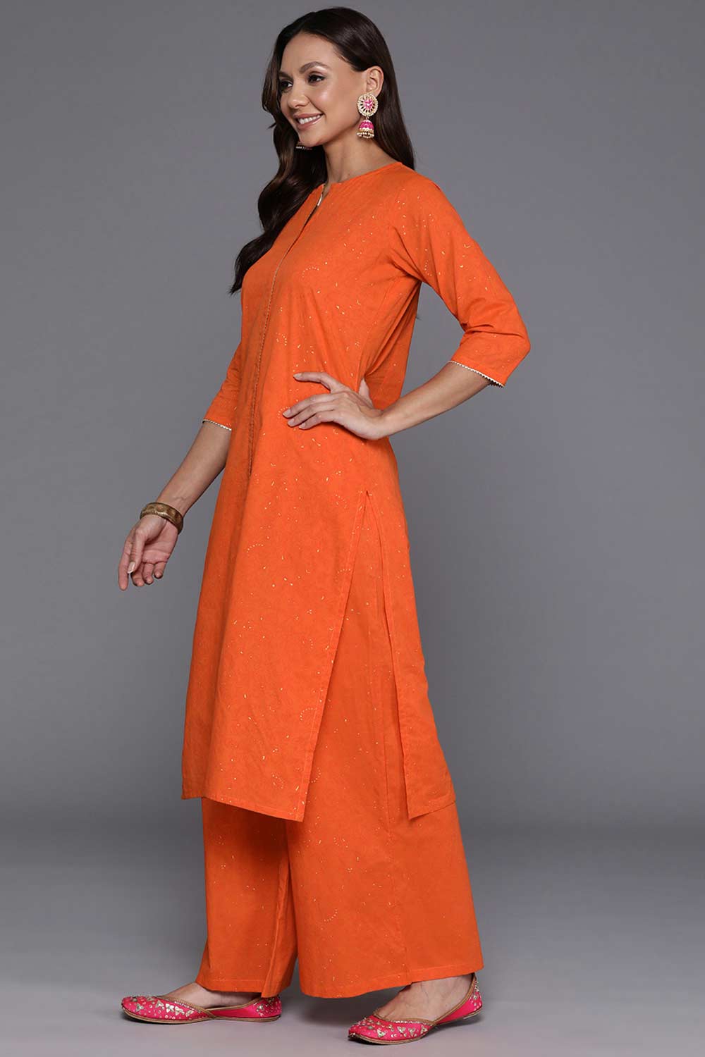 Orange Pure Cotton Printed Kurti Set