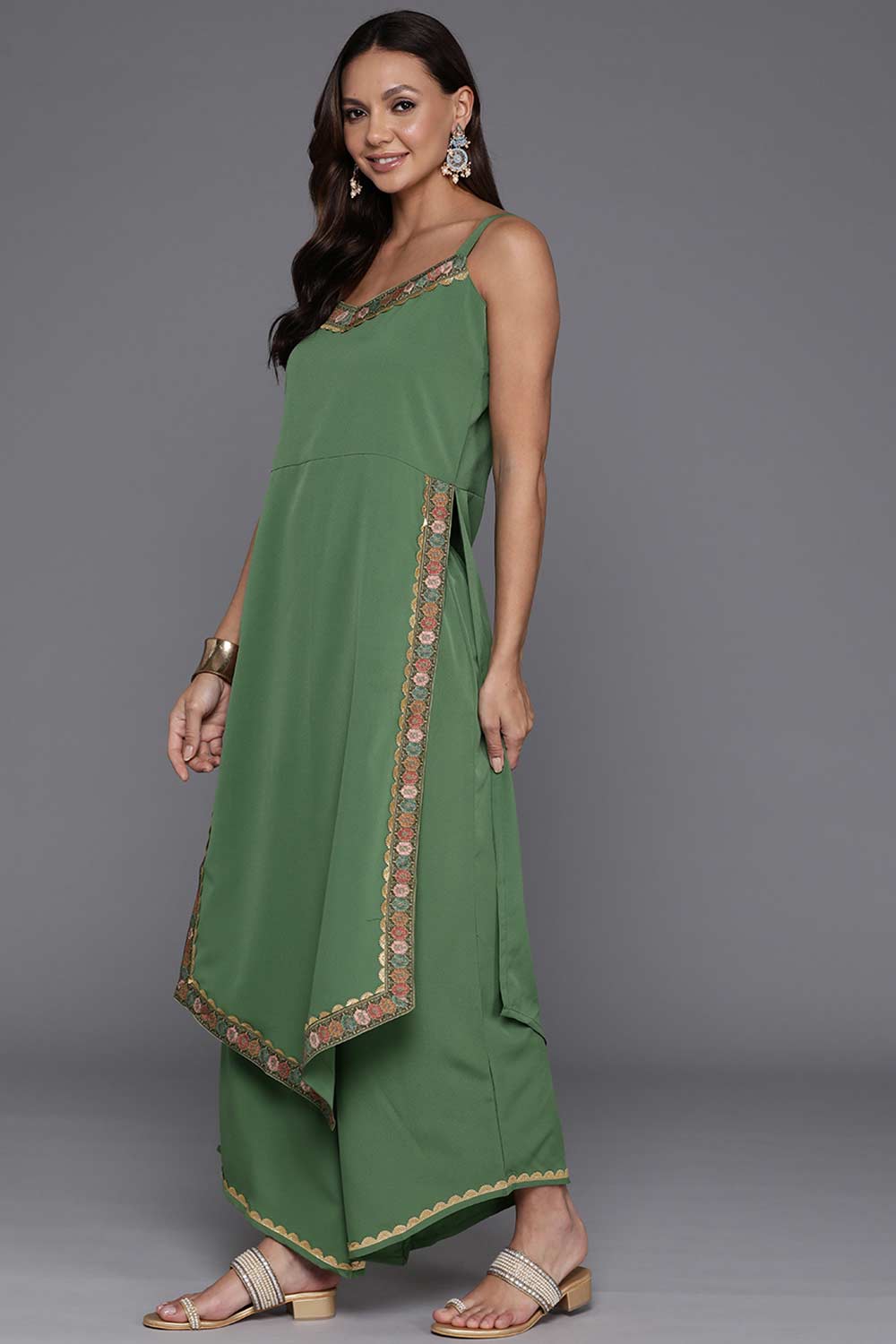 Sage Green Poly Crepe Solid Kurta Set