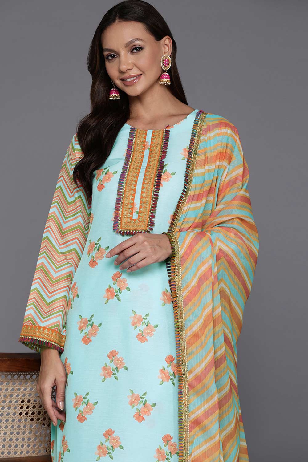 Blue Silk Blend Printed Kurti Set