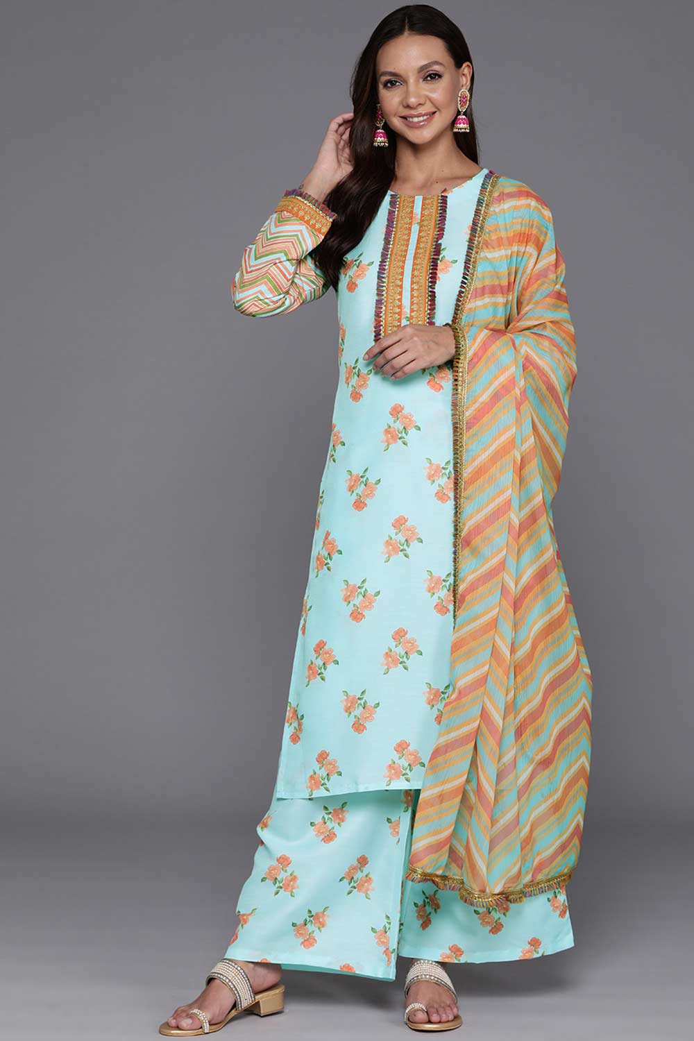 Blue Silk Blend Printed Kurta Set