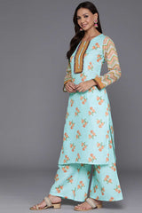 Blue Silk Blend Printed Kurti Set