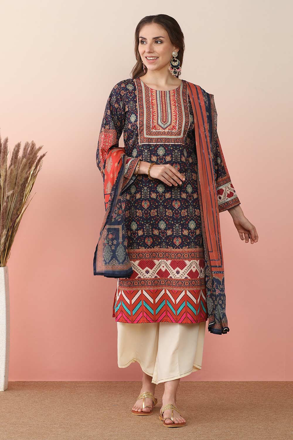 Navy Blue Poly Crepe Printed Kurta Set