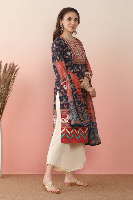 Navy Blue Poly Crepe Printed Kurta Set