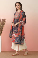 Navy Blue Poly Crepe Printed Kurta Set