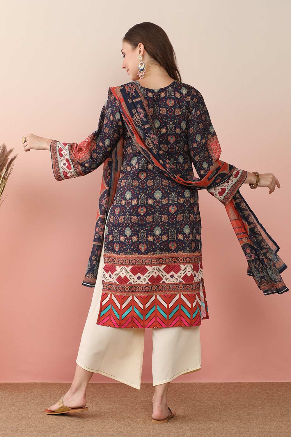 Navy Blue Poly Crepe Printed Kurta Set