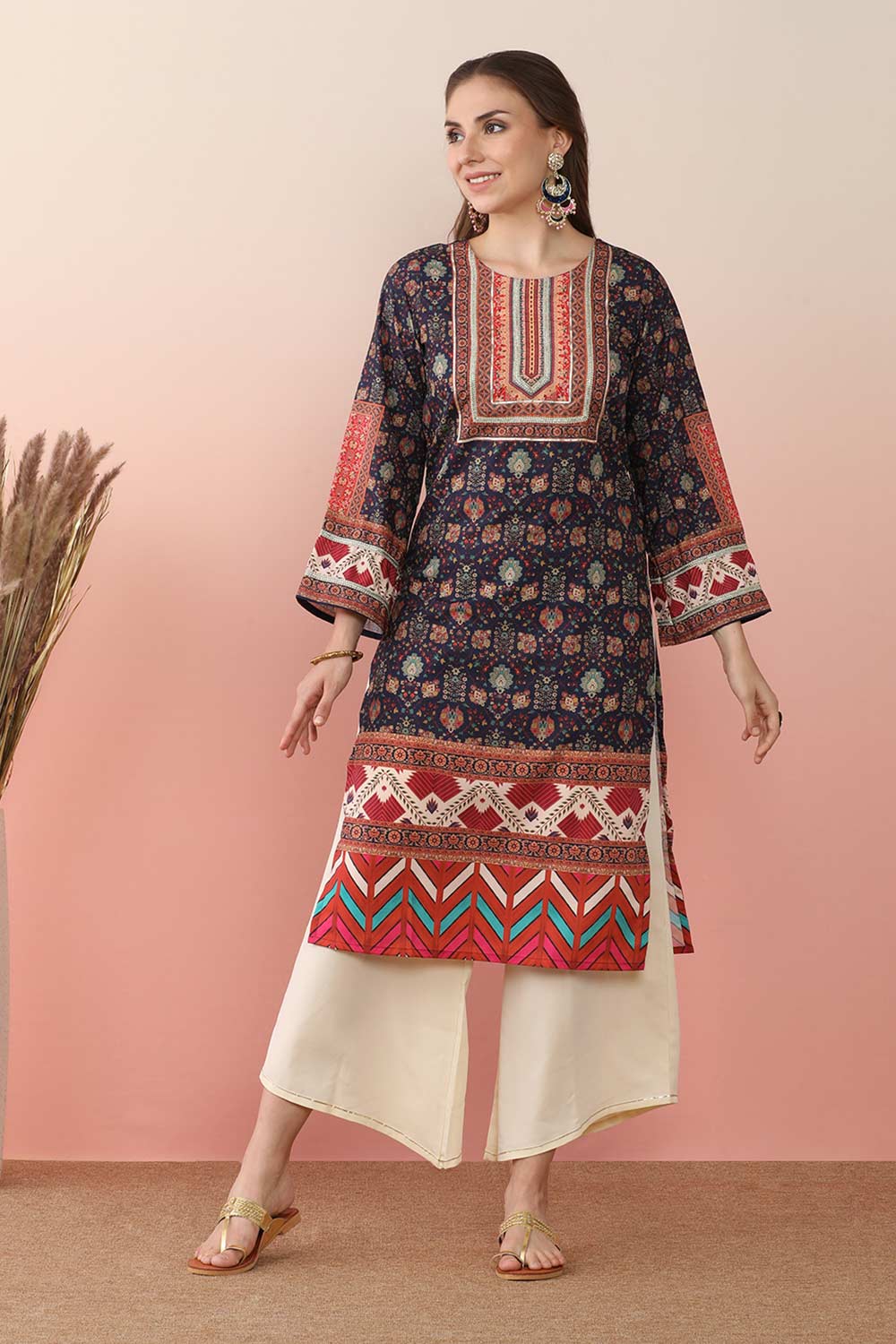 Navy Blue Poly Crepe Printed Kurta Set