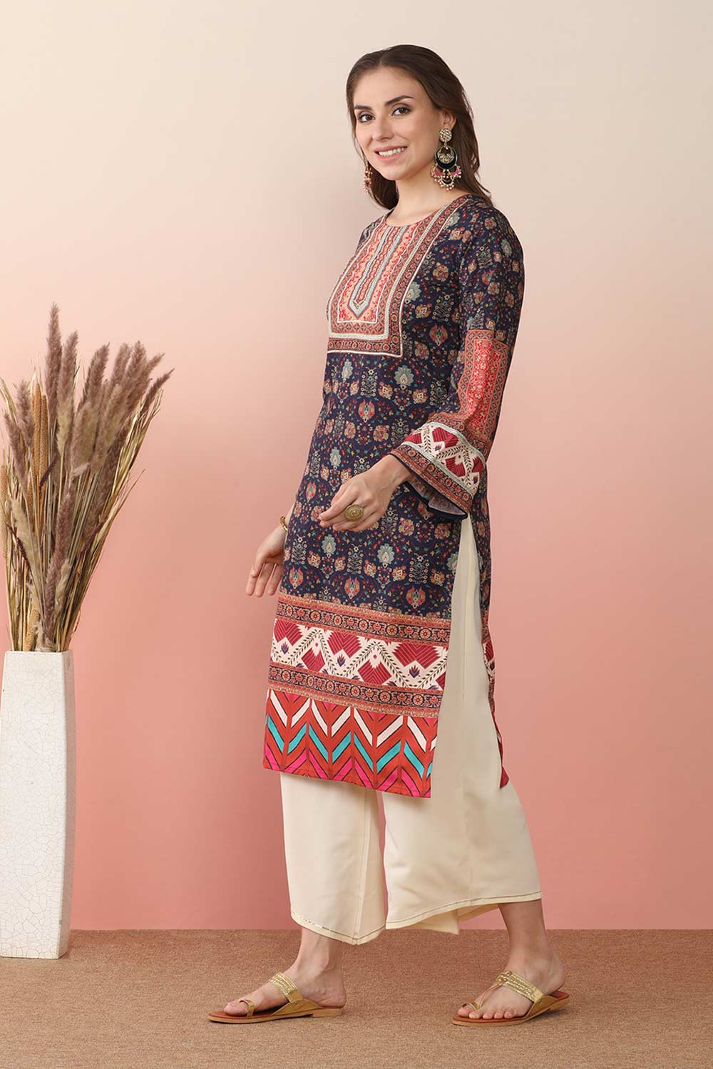 Navy Blue Poly Crepe Printed Kurta Set