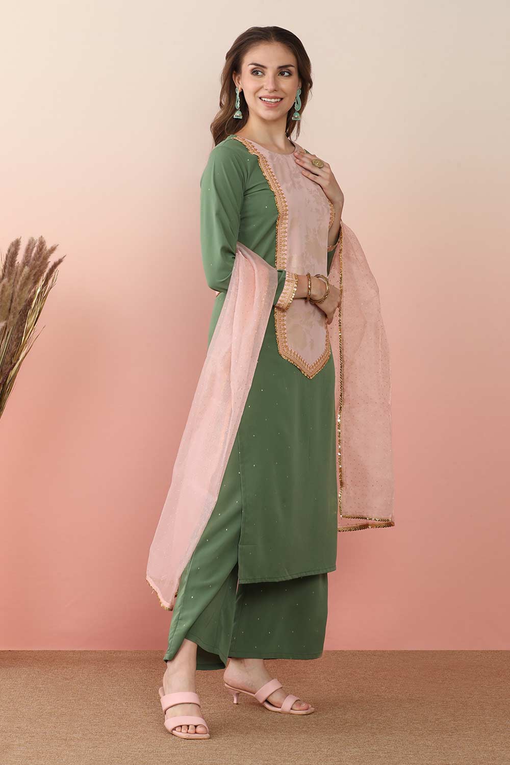 Green Poly Crepe Printed Kurti Set