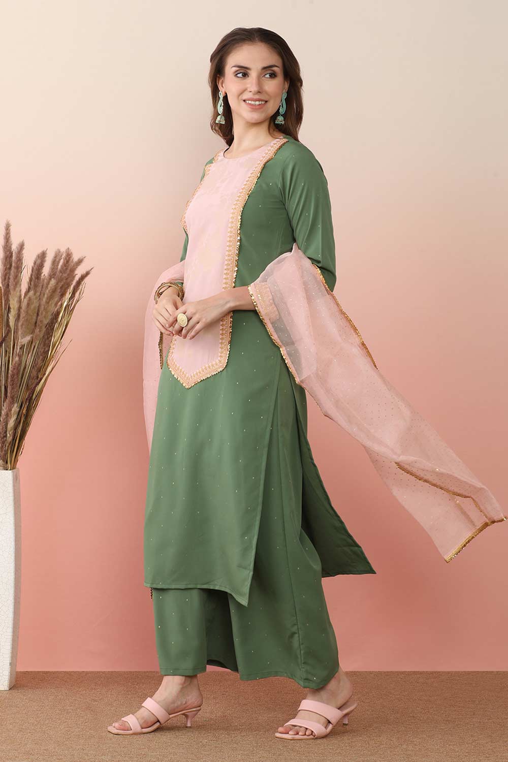 Green Poly Crepe Printed Kurti Set