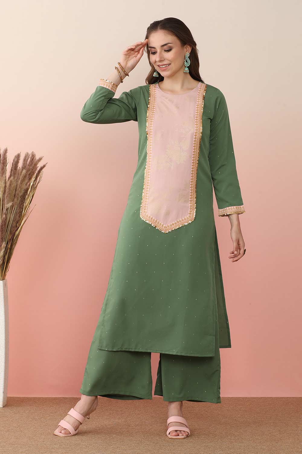 Green Poly Crepe Printed Kurti Set