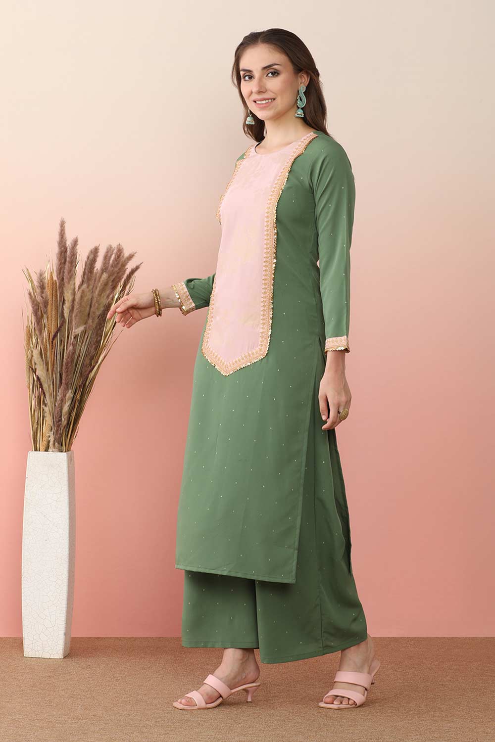 Green Poly Crepe Printed Kurti Set