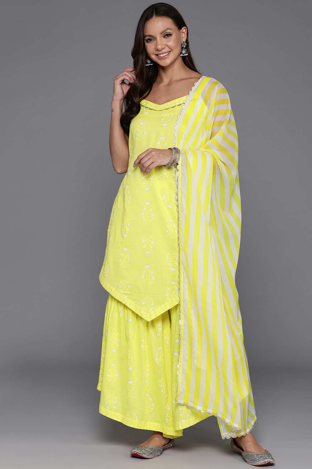 Yellow Pure Cotton Printed Kurti Set