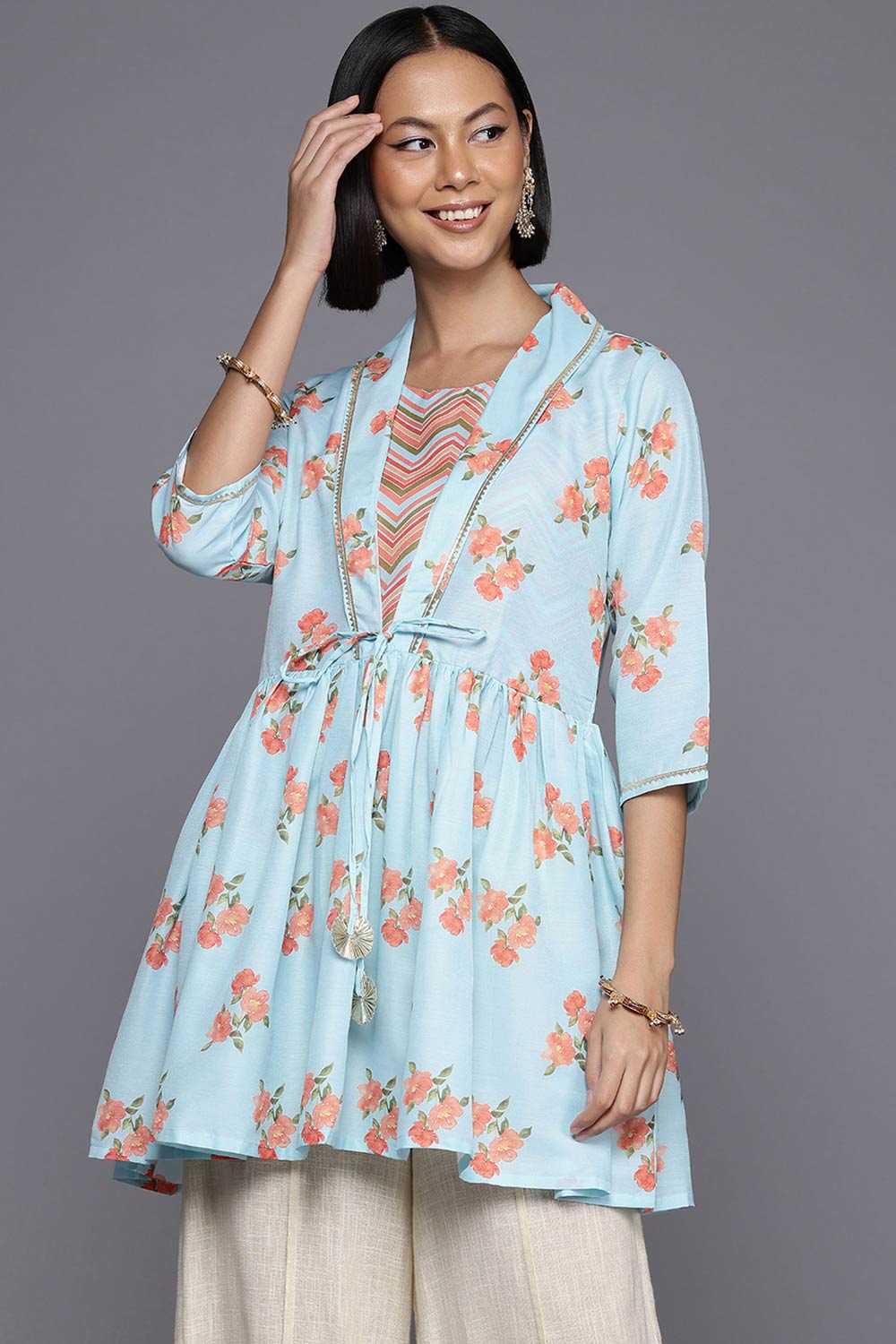 Blue Polyester Printed  Shirt Collar Tunics