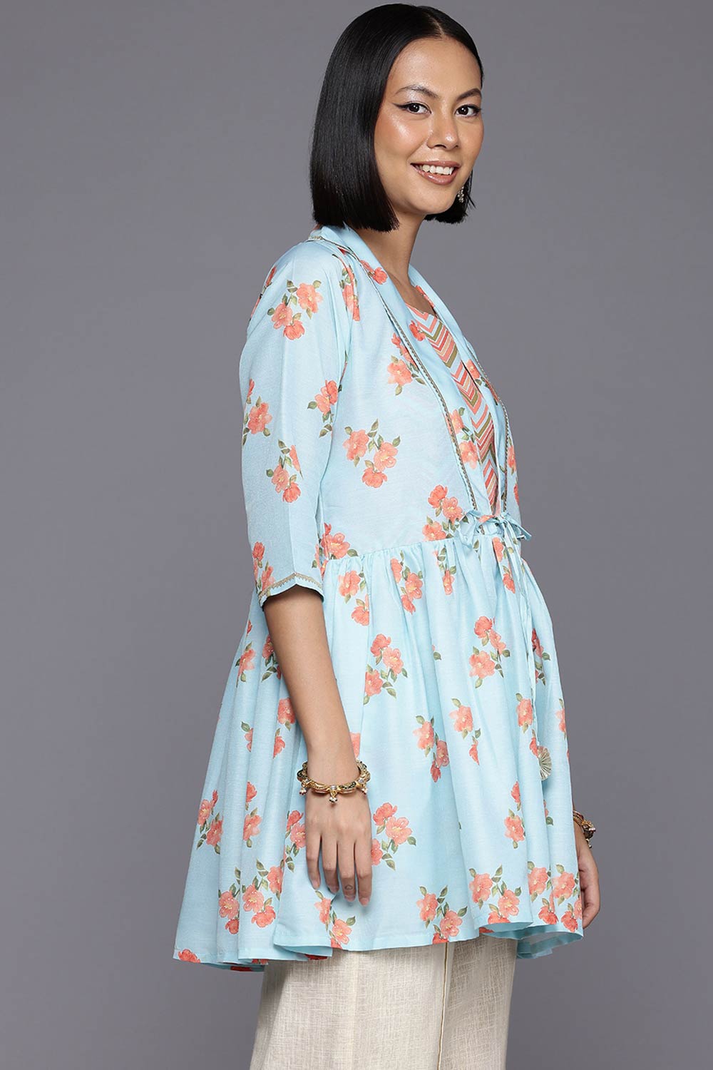 Blue Polyester Printed  Shirt Collar Tunics