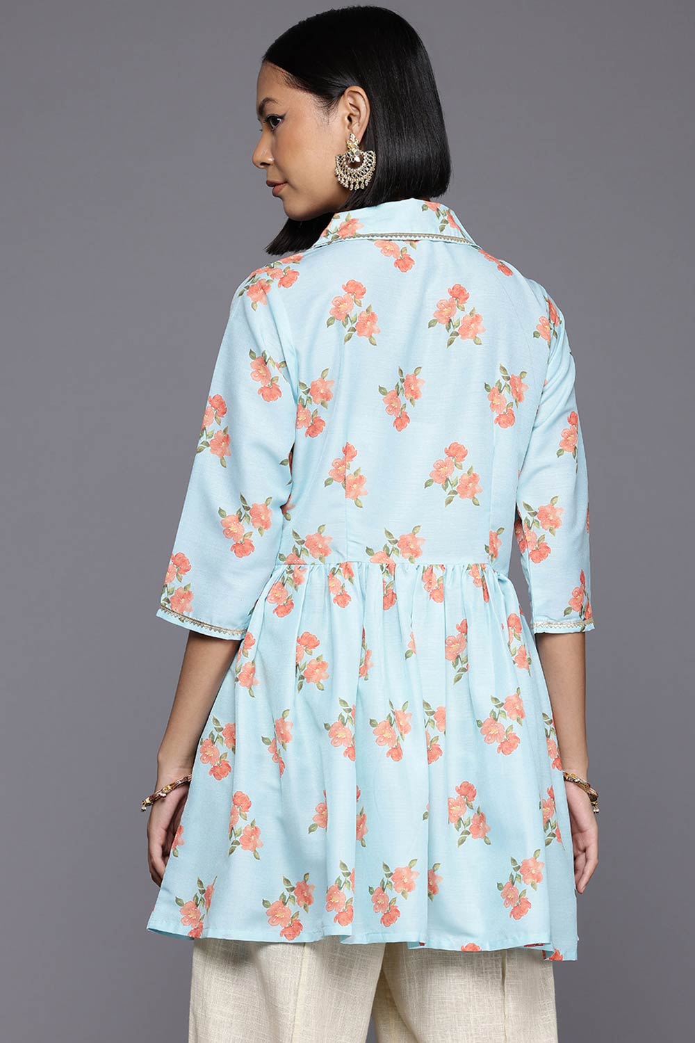 Blue Polyester Printed  Shirt Collar Tunics