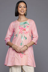 Pink Cotton Printed  Round Neck Tunics