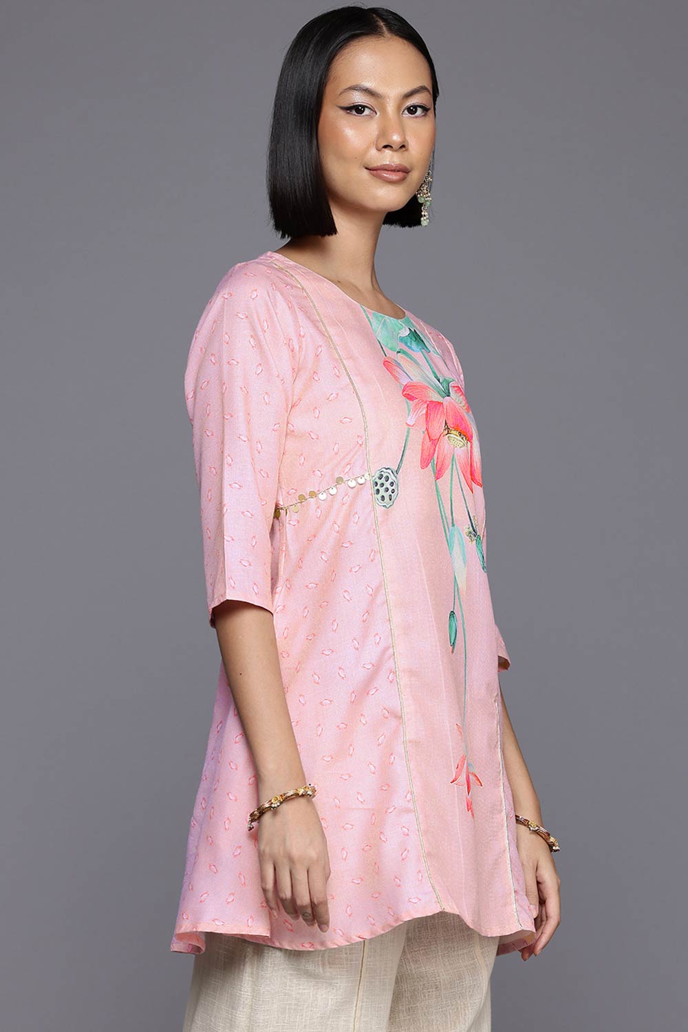 Pink Cotton Printed  Round Neck Tunics