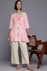 Pink Cotton Printed  Round Neck Tunics