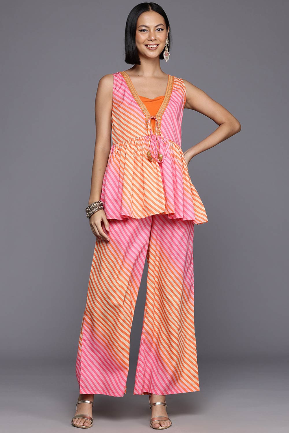 Orange Polyester Printed Straight V-Neck Co-Ords Set