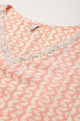 Peach Polyester Printed Straight V-Neck Co-Ords Set