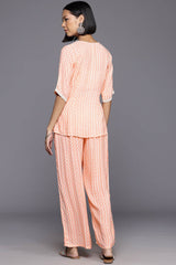 Peach Polyester Printed Straight V-Neck Co-Ords Set