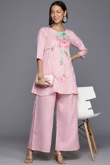 Pink Cotton Blend Printed Straight Round Neck Co-Ords Set