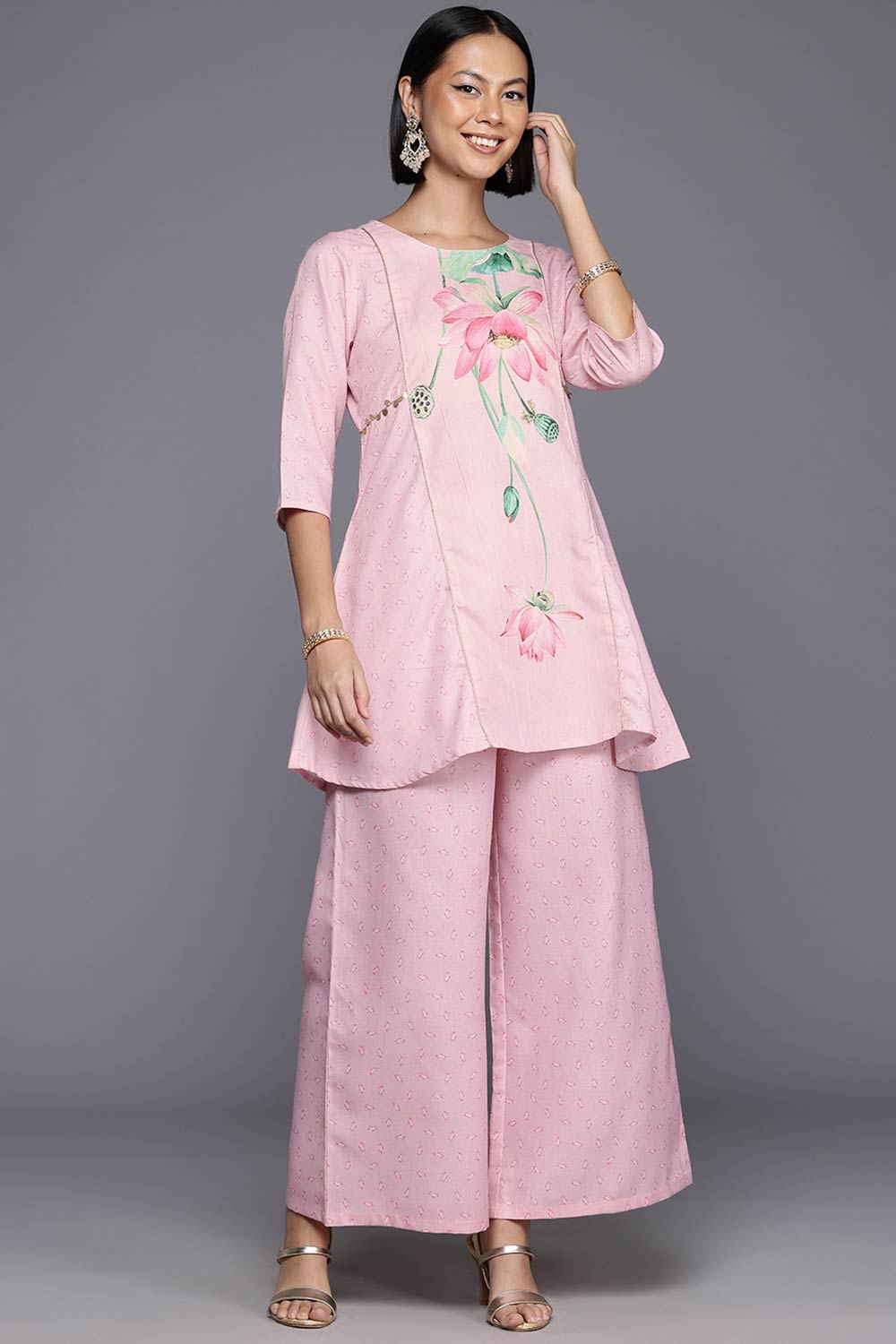 Pink Cotton Blend Printed Straight Round Neck Co-Ords Set