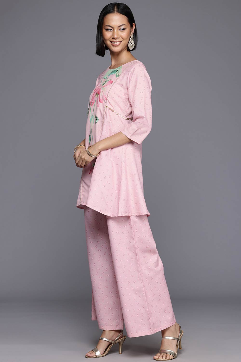 Pink Cotton Blend Printed Straight Round Neck Co-Ords Set