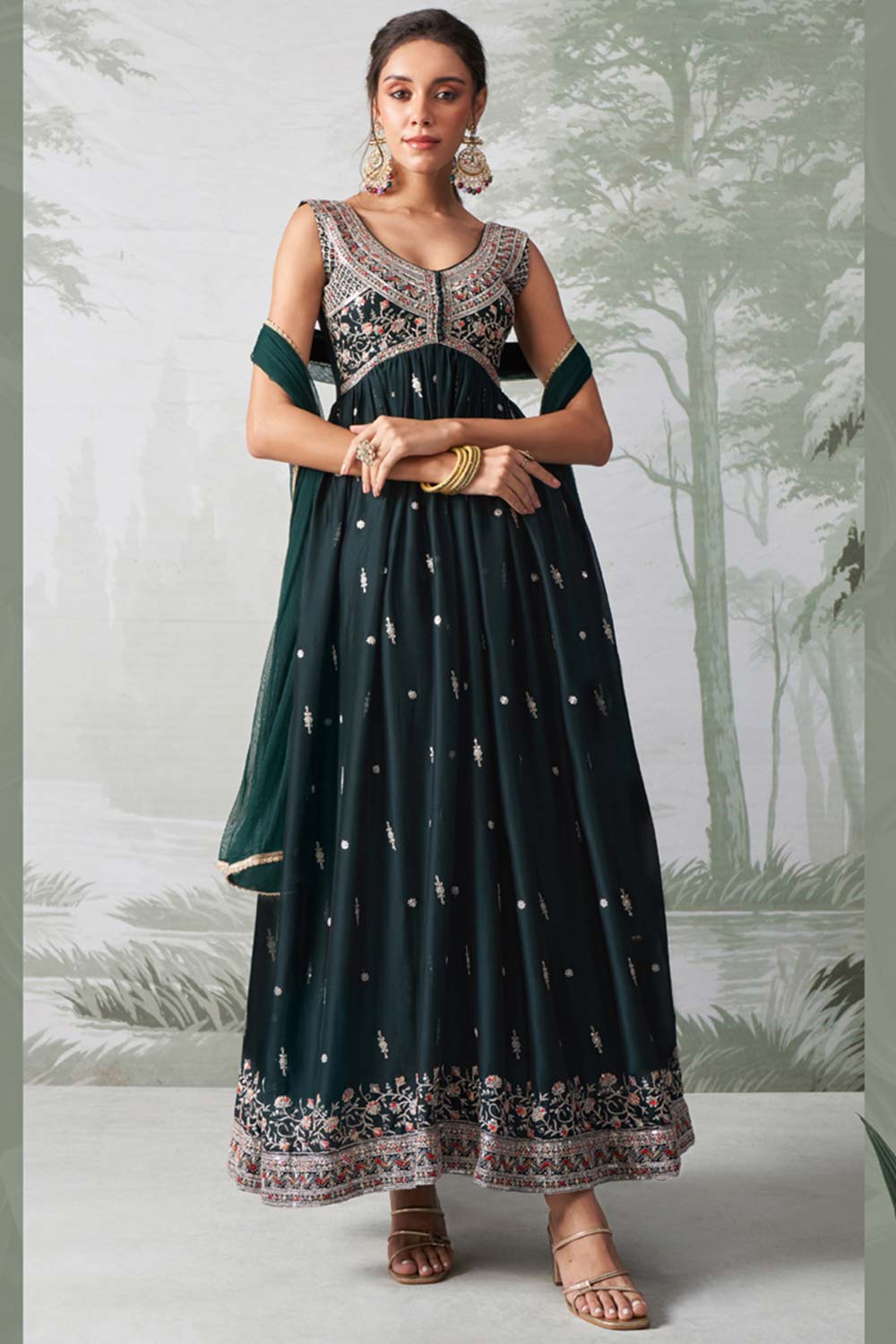 Green Rangoli Georgette Multi Thread Anarkali Suit