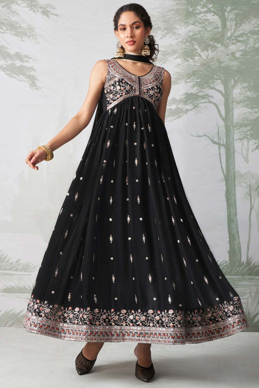 Black Rangoli Georgette Multi Thread Anarkali Suit