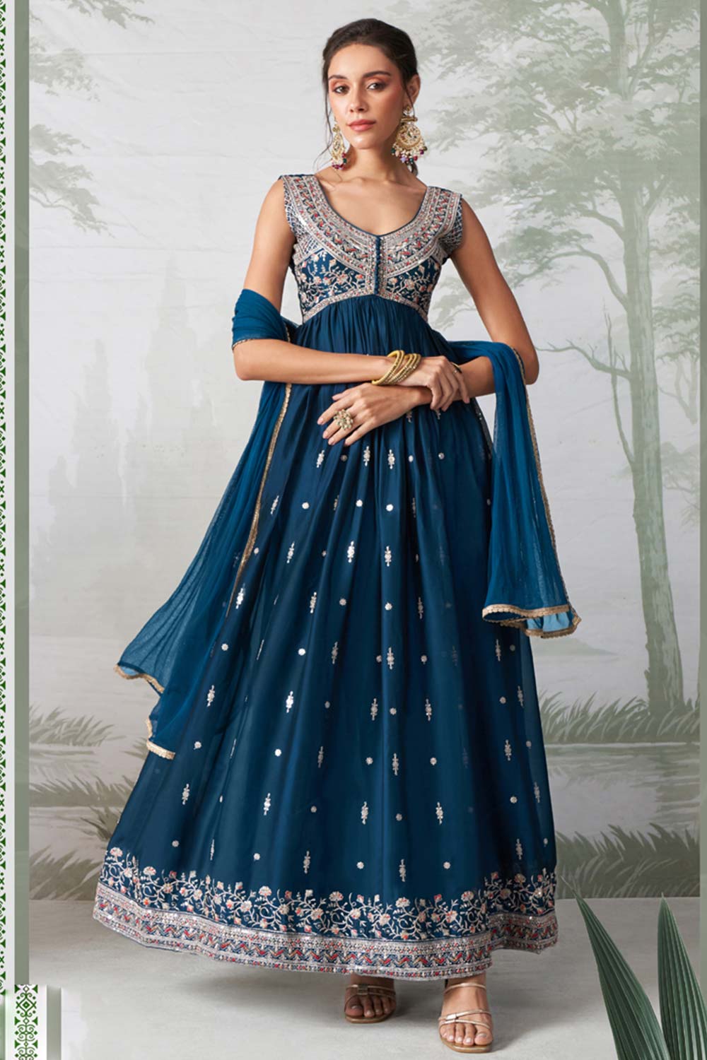 Teal Blue Rangoli Georgette Multi Thread Anarkali Suit