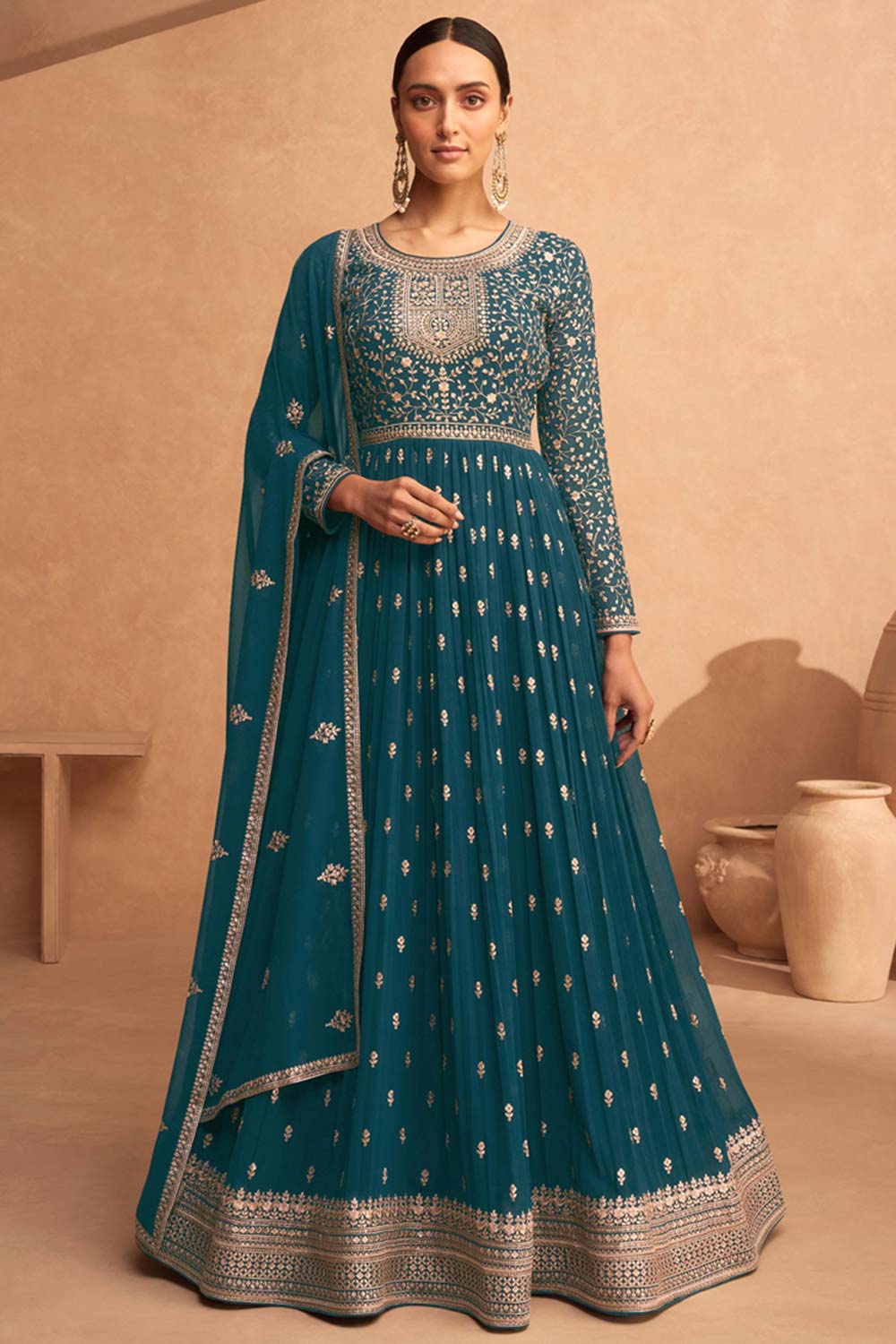 Teal Blue Georgette Embroidered Anarkali Suit Set