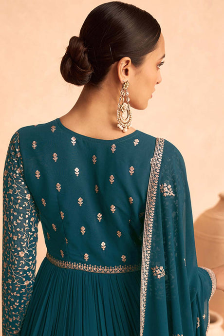 Teal Blue Georgette Embroidered Anarkali Suit Set